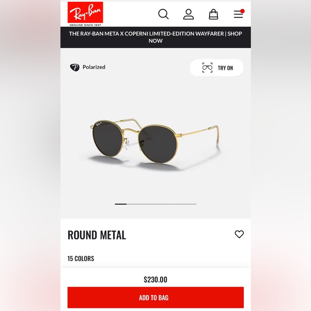 Ray-ban black round lense gold metal sunglasses